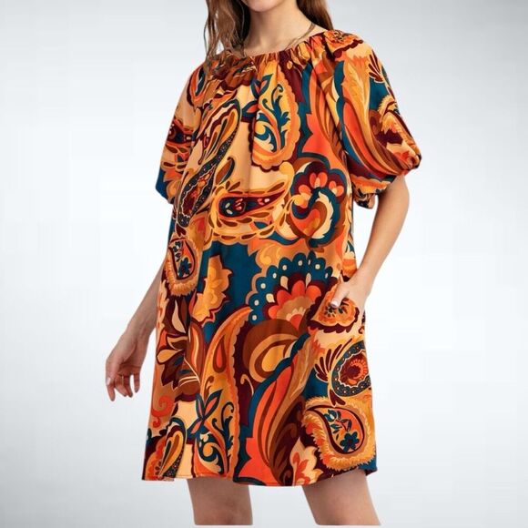 Size 1X Easel Los Angeles Paisley Bubble Sleeve Dress in Multicolor - Picture 1 of 11